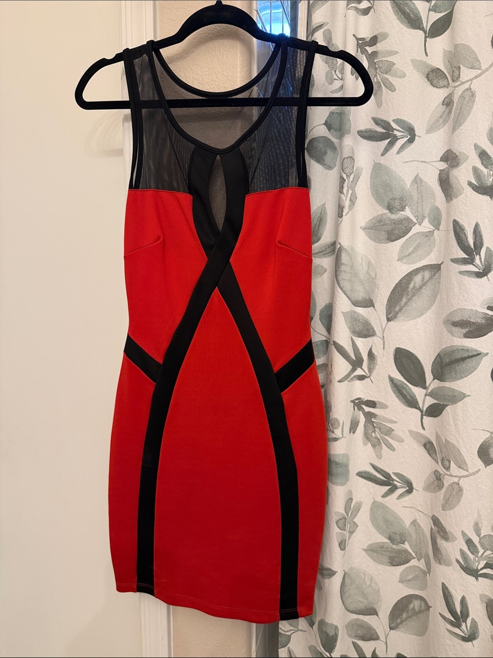 Red Mesh-Accent Bodycon Dress with Black Trim